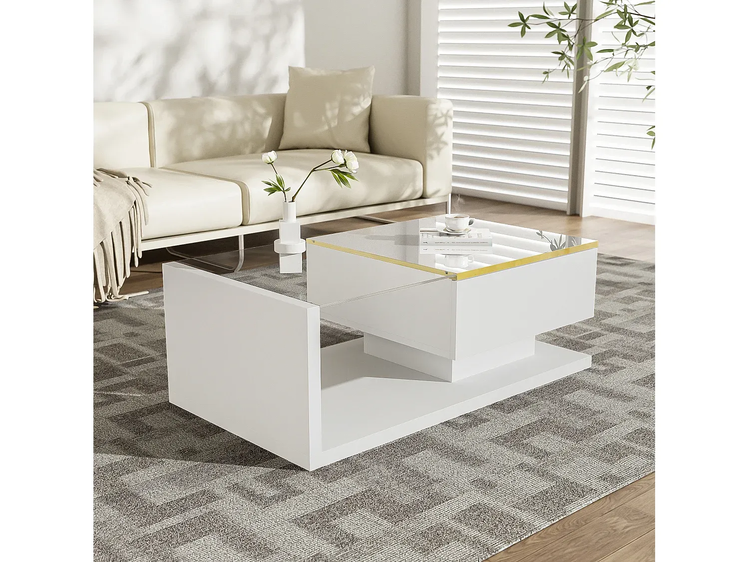 Glas-Couchtisch mit LED-Licht und Stauraum, Weiß