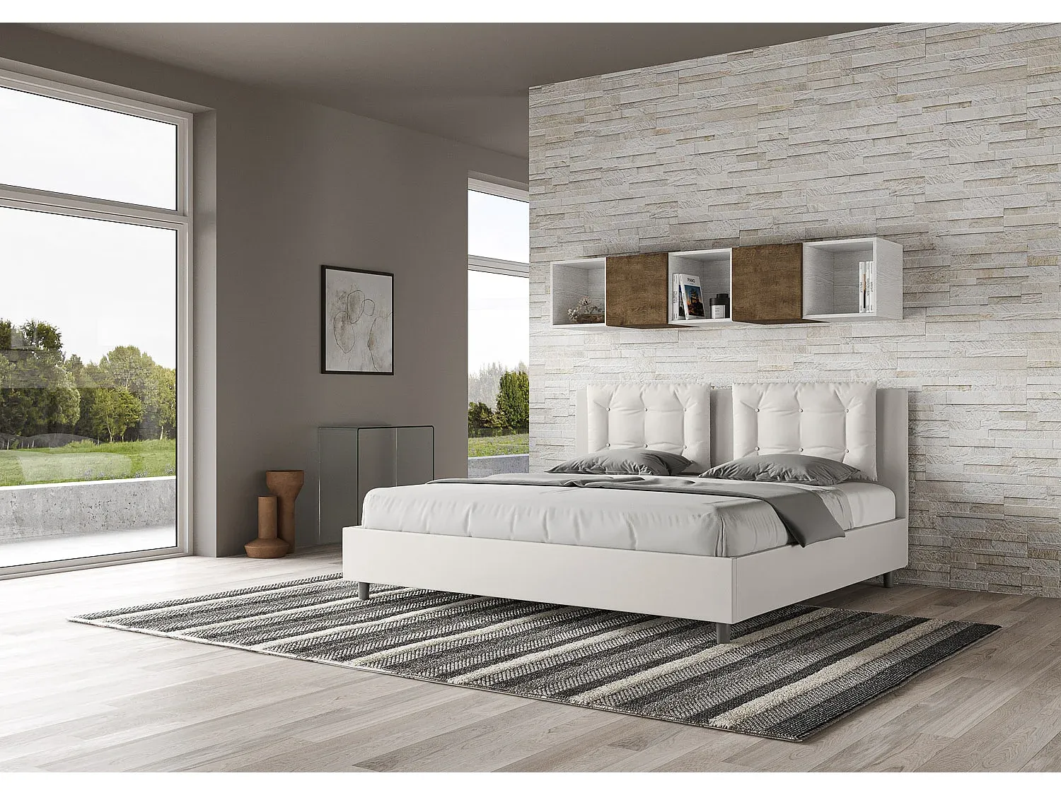 Gepolstertes Bett mit Lattenrost 200x200 aus Kunstleder Weiß