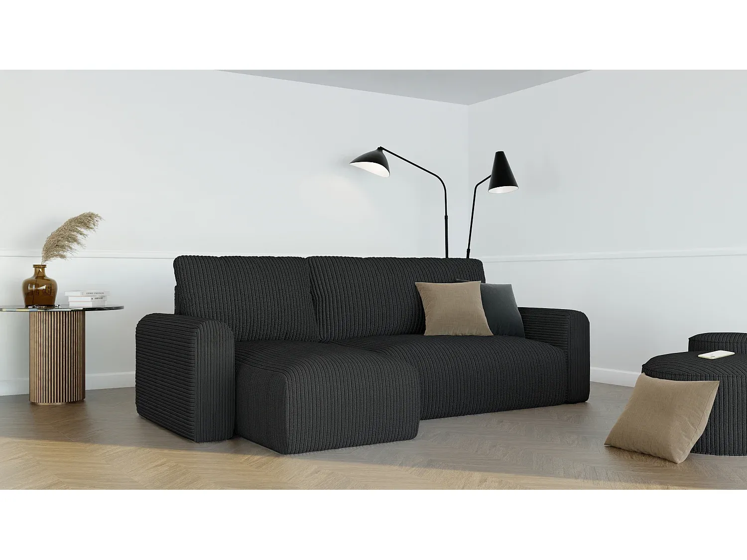 Ecksofa mit Schlaffunktion aus schwarzem Stoff