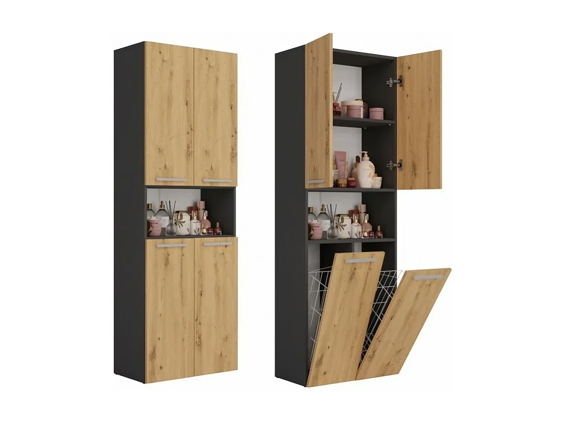 Badezimmerschrank mit Regalen und Körben, Anthrazit/Eiche, 60x30x174 cm