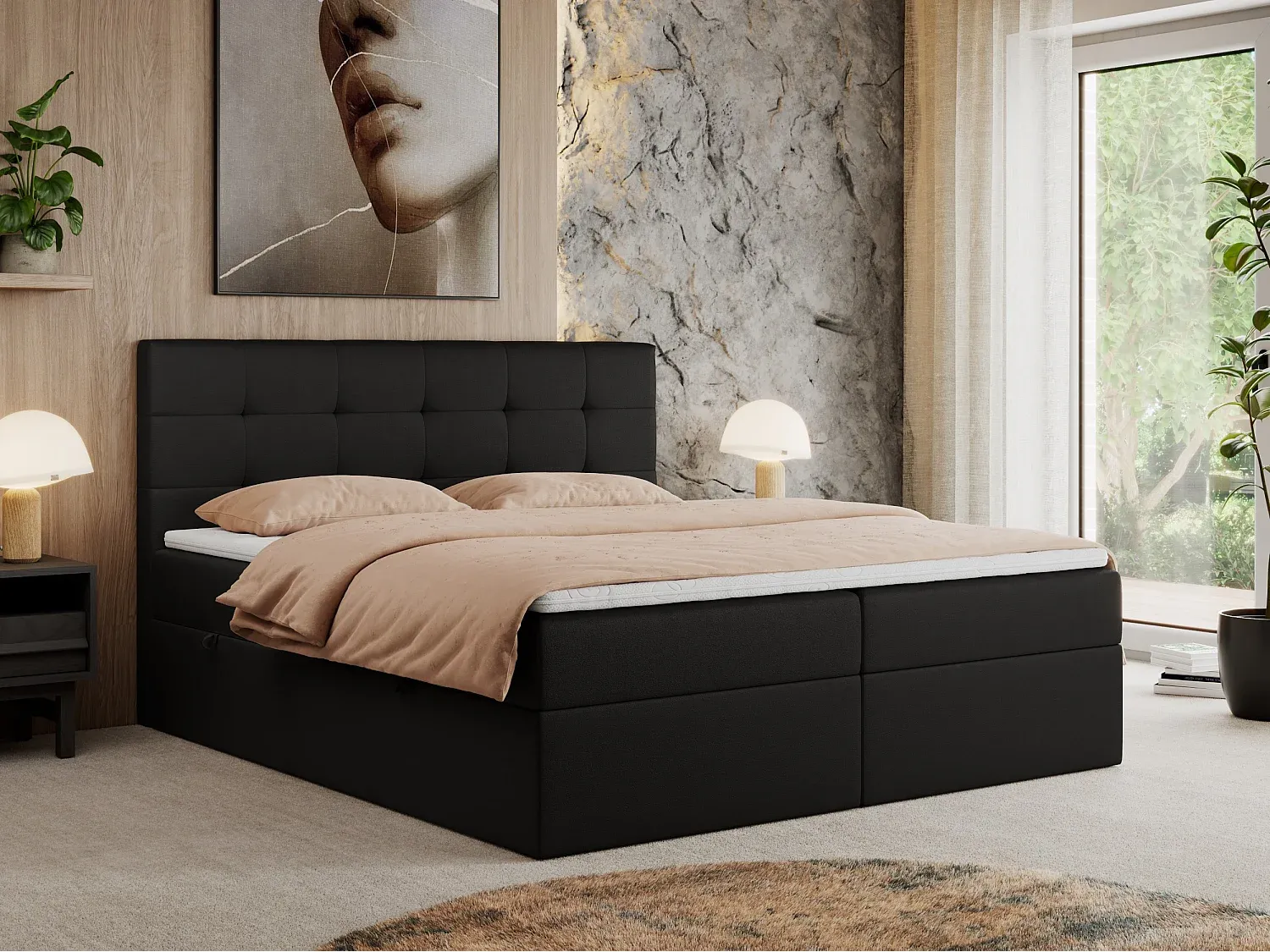 Luxuriöses Boxspringbett mit Stauraum und gestepptem Kopfteil - 180x200 cm - H3 - Kunstleder Schwarz