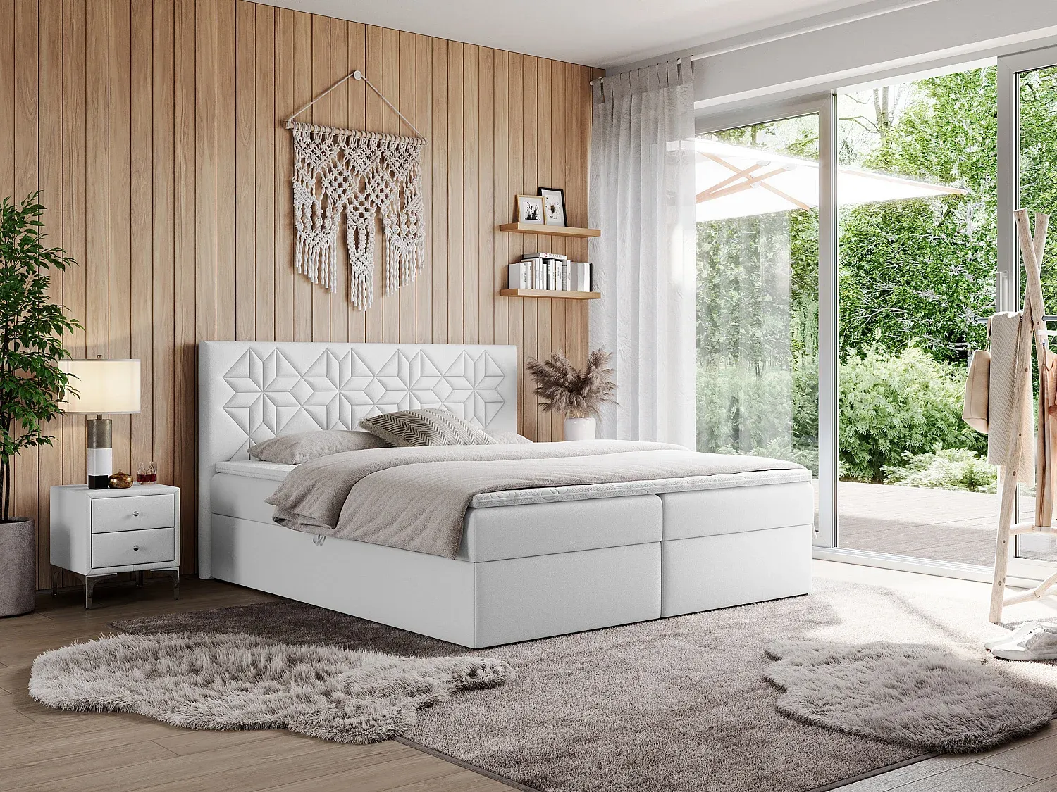 Boxspringbett mit gesteppter Rückenlehne und Stauraum, 7-Zonen-Multipocket-Matratzen, 120x200 cm, H3, Kunstleder Weiß