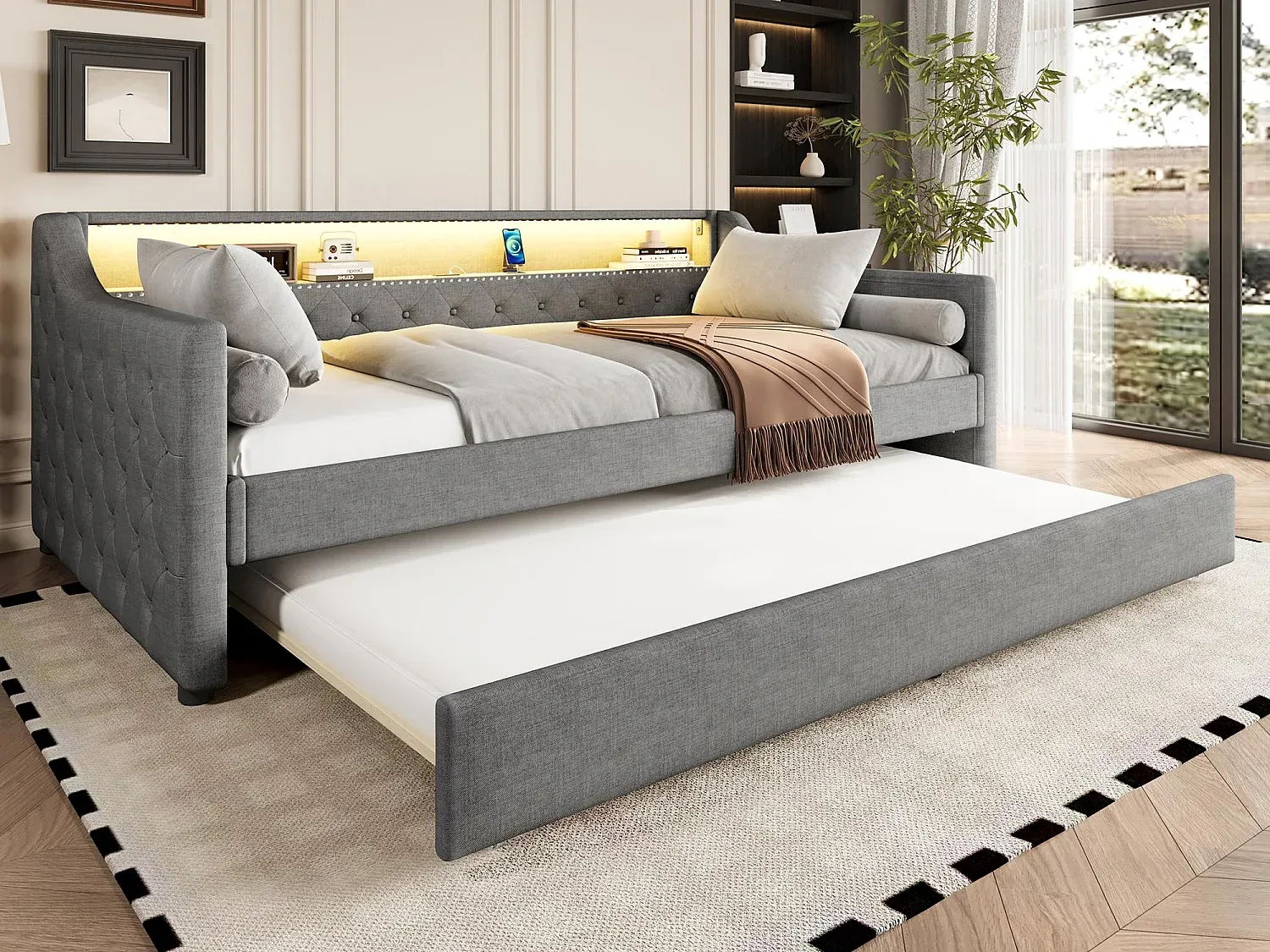 Komfortables Schlafsofa mit LED und USB-Anschluss, 90x200 cm, grau