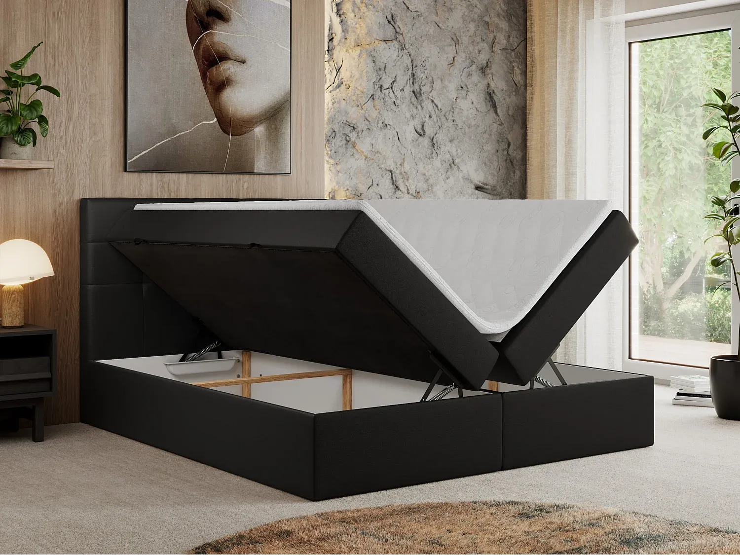 Luxuriöses Boxspringbett mit Stauraum und gestepptem Kopfteil - 180x200 cm - H3 - Kunstleder Schwarz