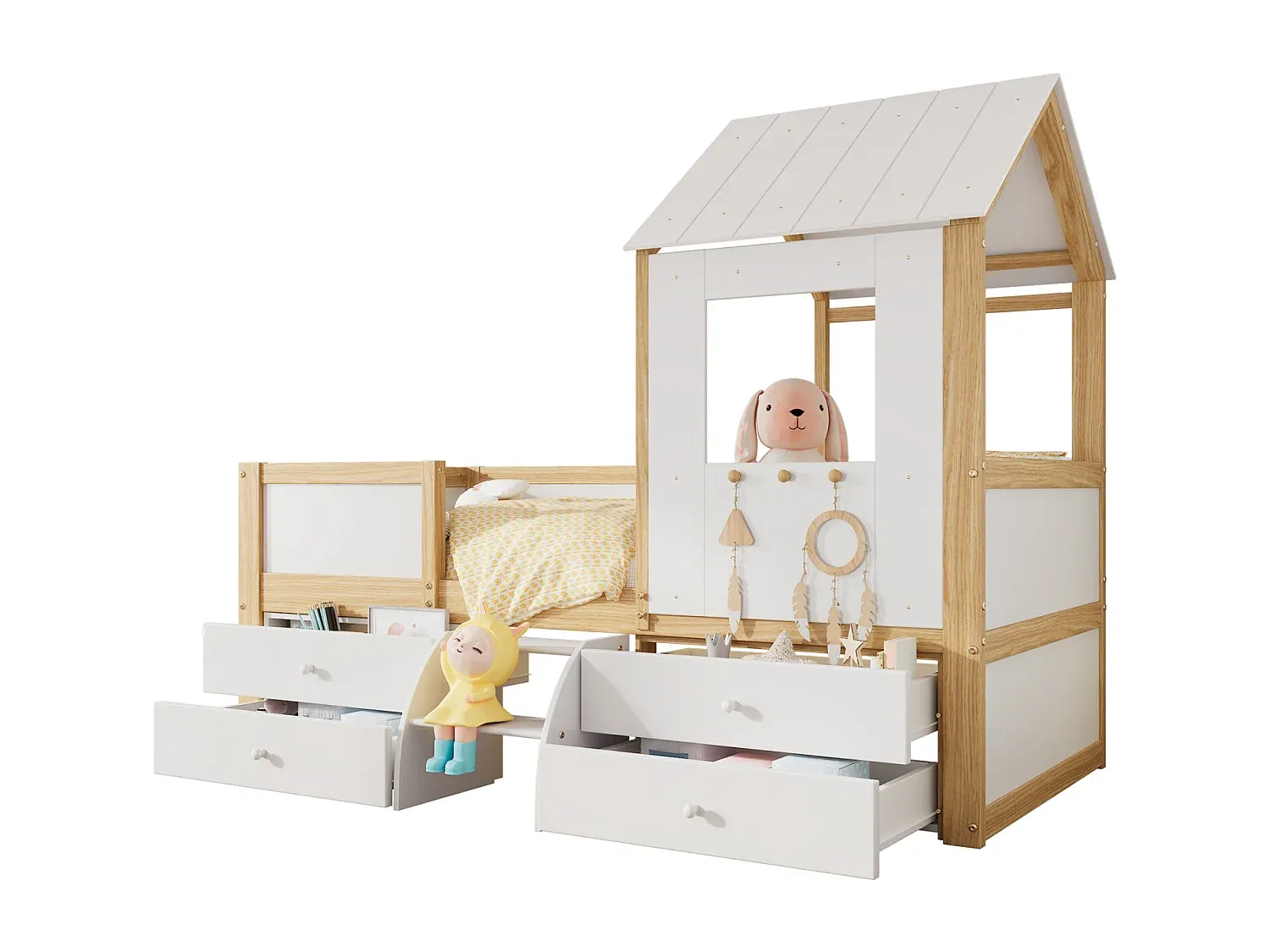 Halbhohes Kinderbett mit Dach und Fenster, inkl. Geländer, Schubladen und Leiter, Kiefernholz