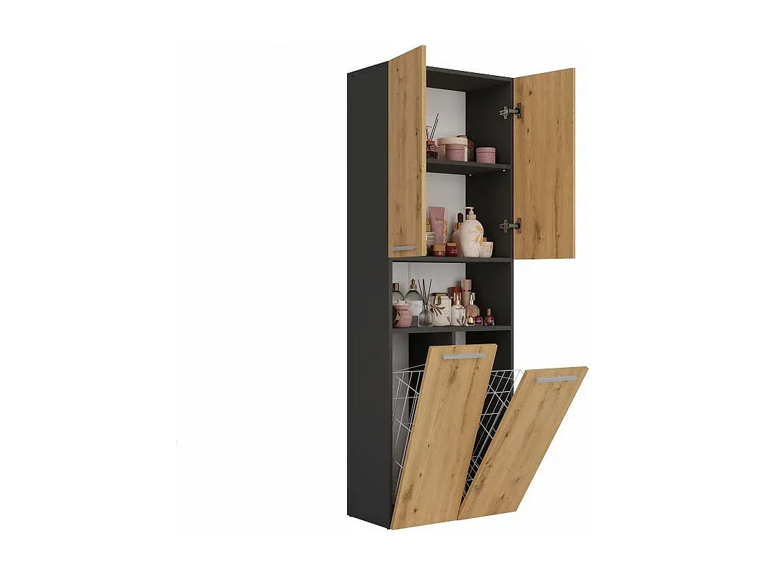 Badezimmerschrank mit Regalen und Körben, Anthrazit/Eiche, 60x30x174 cm