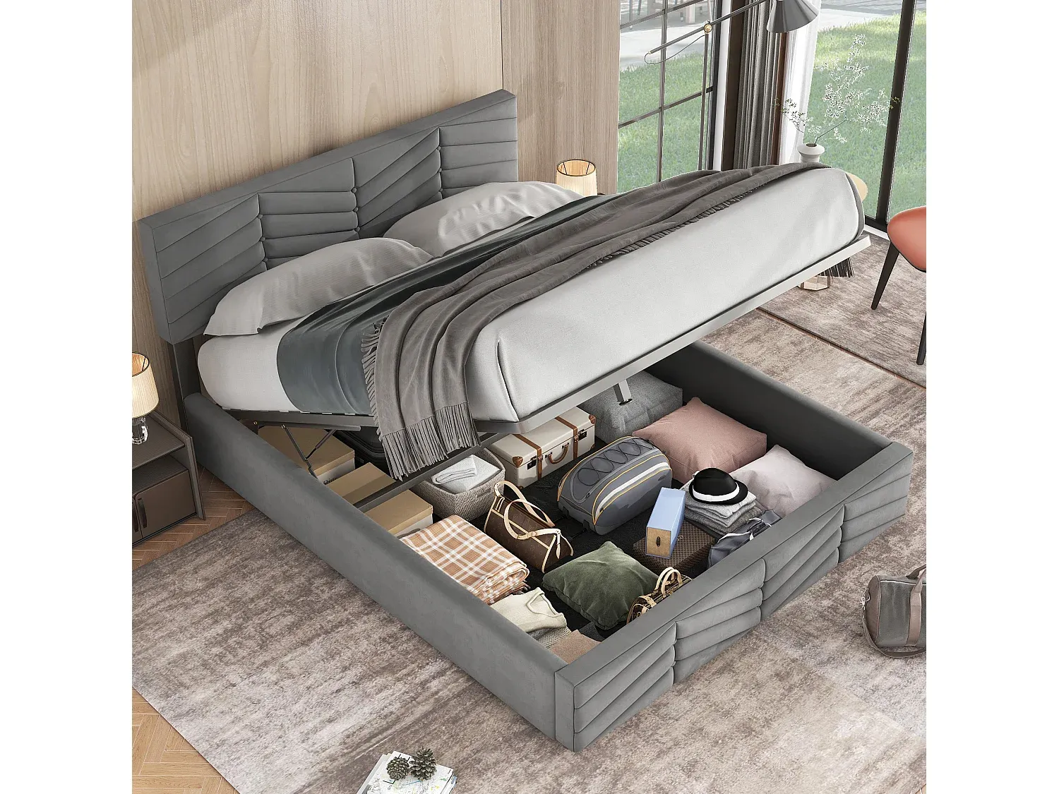 Jugendbett mit Stauraum und verstellbarem Kopfteil, Samtstoff, grau, 140 x 190 cm