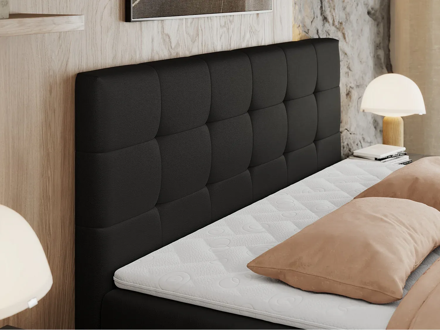 Luxuriöses Boxspringbett mit Stauraum und gestepptem Kopfteil - 180x200 cm - H3 - Kunstleder Schwarz