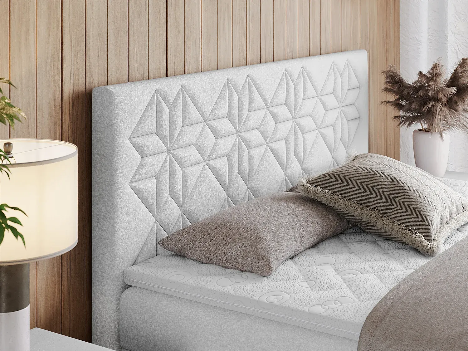 Boxspringbett mit gesteppter Rückenlehne und Stauraum, 7-Zonen-Multipocket-Matratzen, 120x200 cm, H3, Kunstleder Weiß