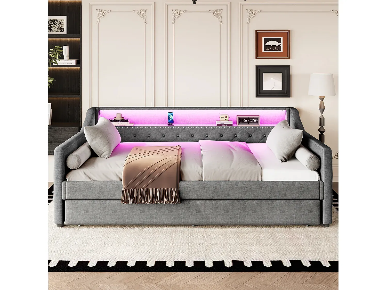 Komfortables Schlafsofa mit LED und USB-Anschluss, 90x200 cm, grau