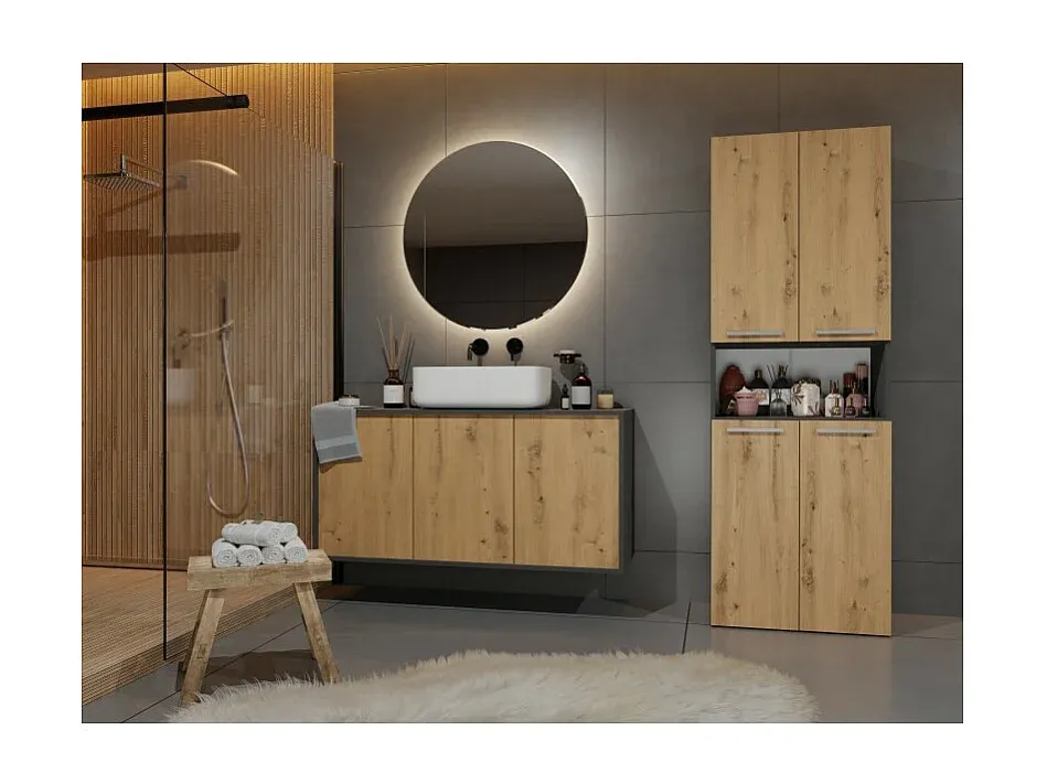 Badezimmerschrank mit Regalen und Körben, Anthrazit/Eiche, 60x30x174 cm