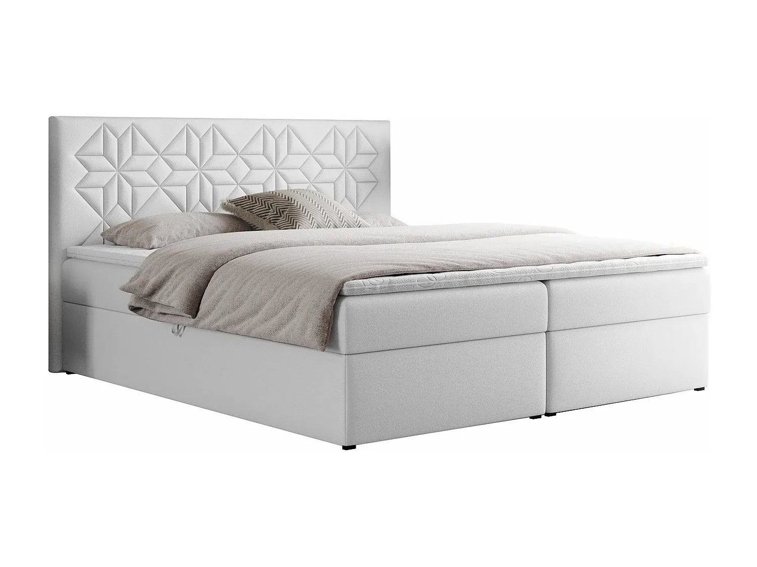 Boxspringbett mit gesteppter Rückenlehne und Stauraum, 7-Zonen-Multipocket-Matratzen, 120x200 cm, H3, Kunstleder Weiß