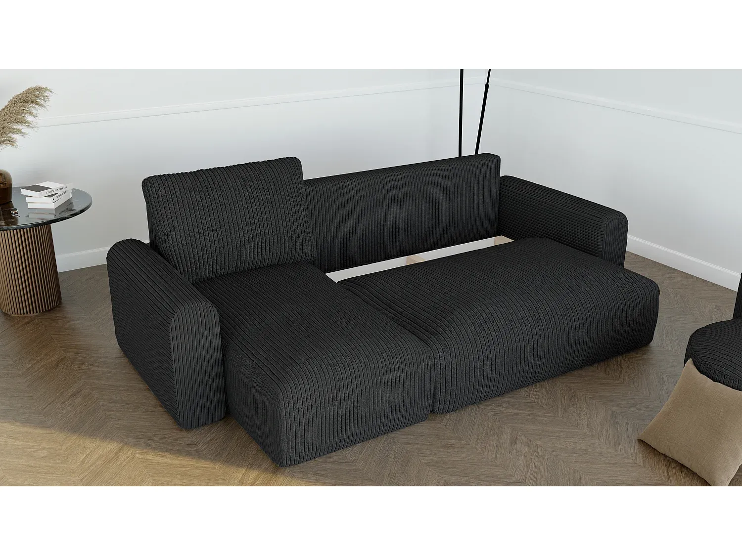 Ecksofa mit Schlaffunktion aus schwarzem Stoff