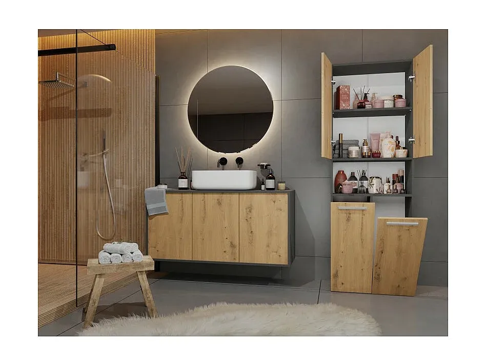 Badezimmerschrank mit Regalen und Körben, Anthrazit/Eiche, 60x30x174 cm