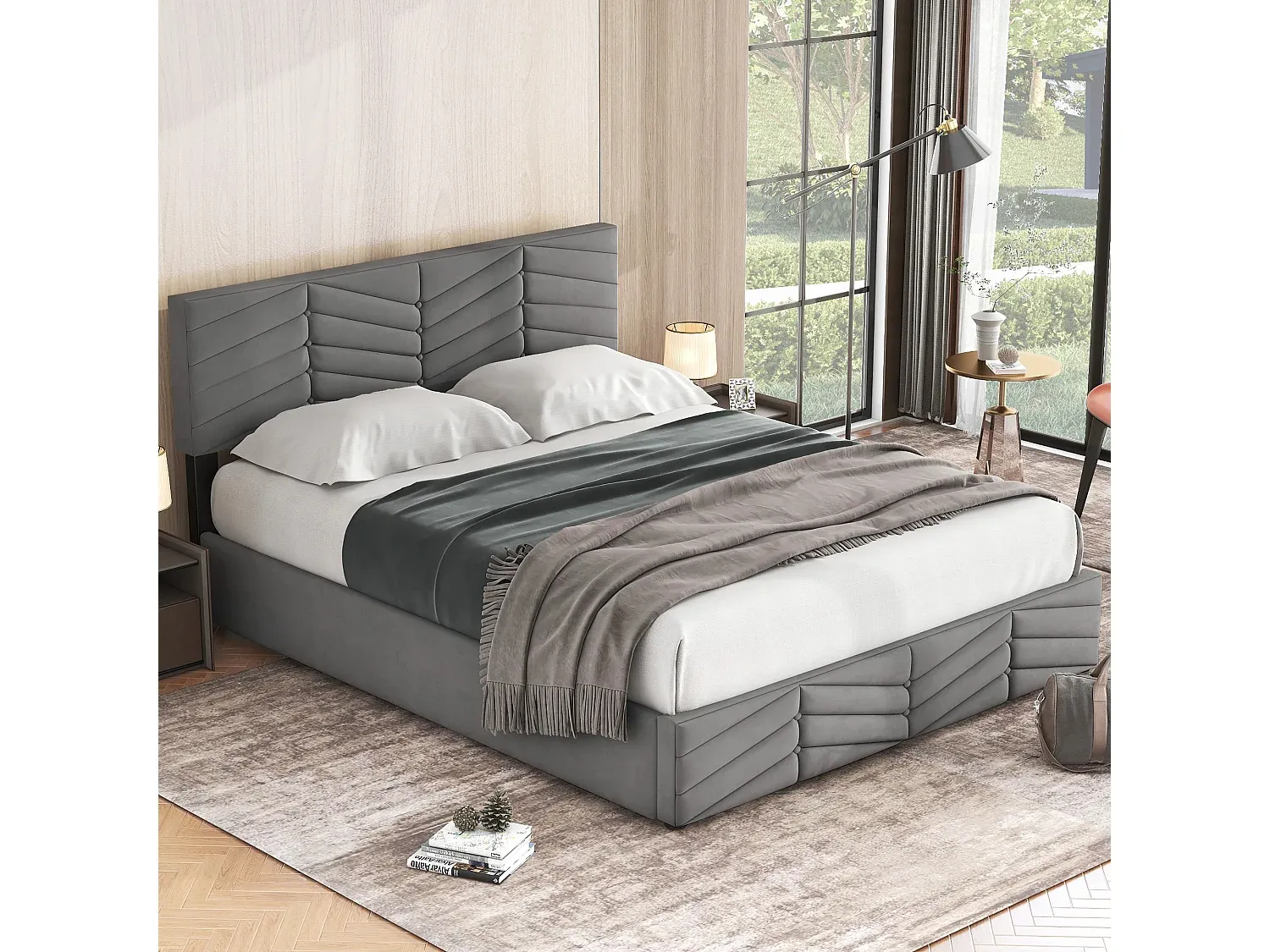 Jugendbett mit Stauraum und verstellbarem Kopfteil, Samtstoff, grau, 140 x 190 cm