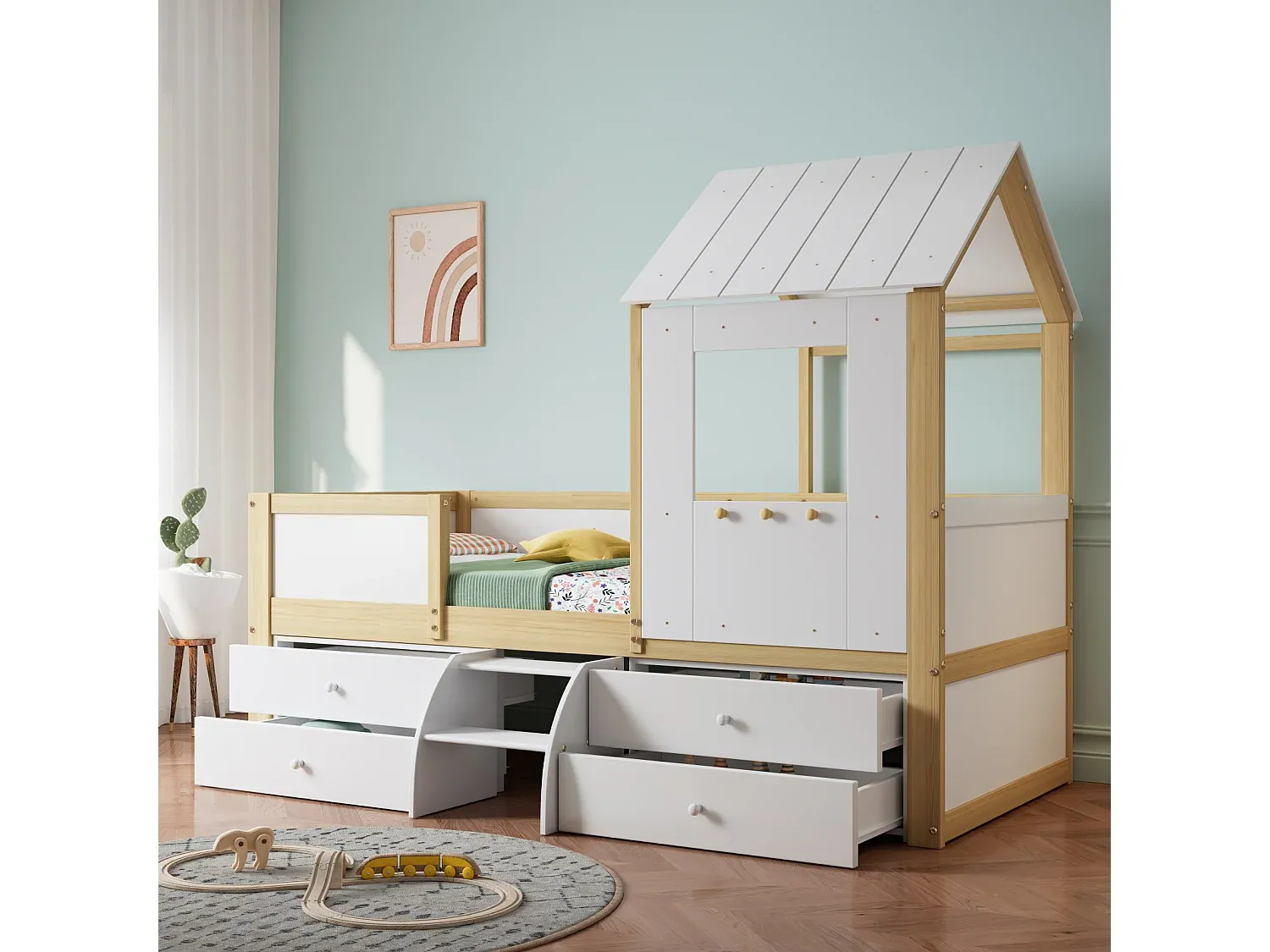 Halbhohes Kinderbett mit Dach und Fenster, inkl. Geländer, Schubladen und Leiter, Kiefernholz