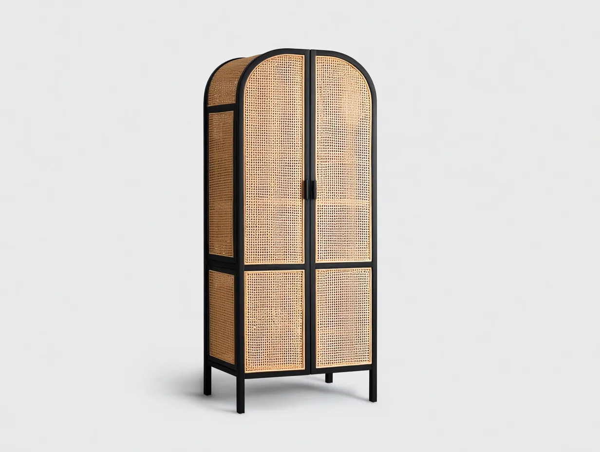 Armario alto de madera con puertas arqueadas de ratán 90x45x180 cm - negro y natural - 2 puertas y diseño elegante