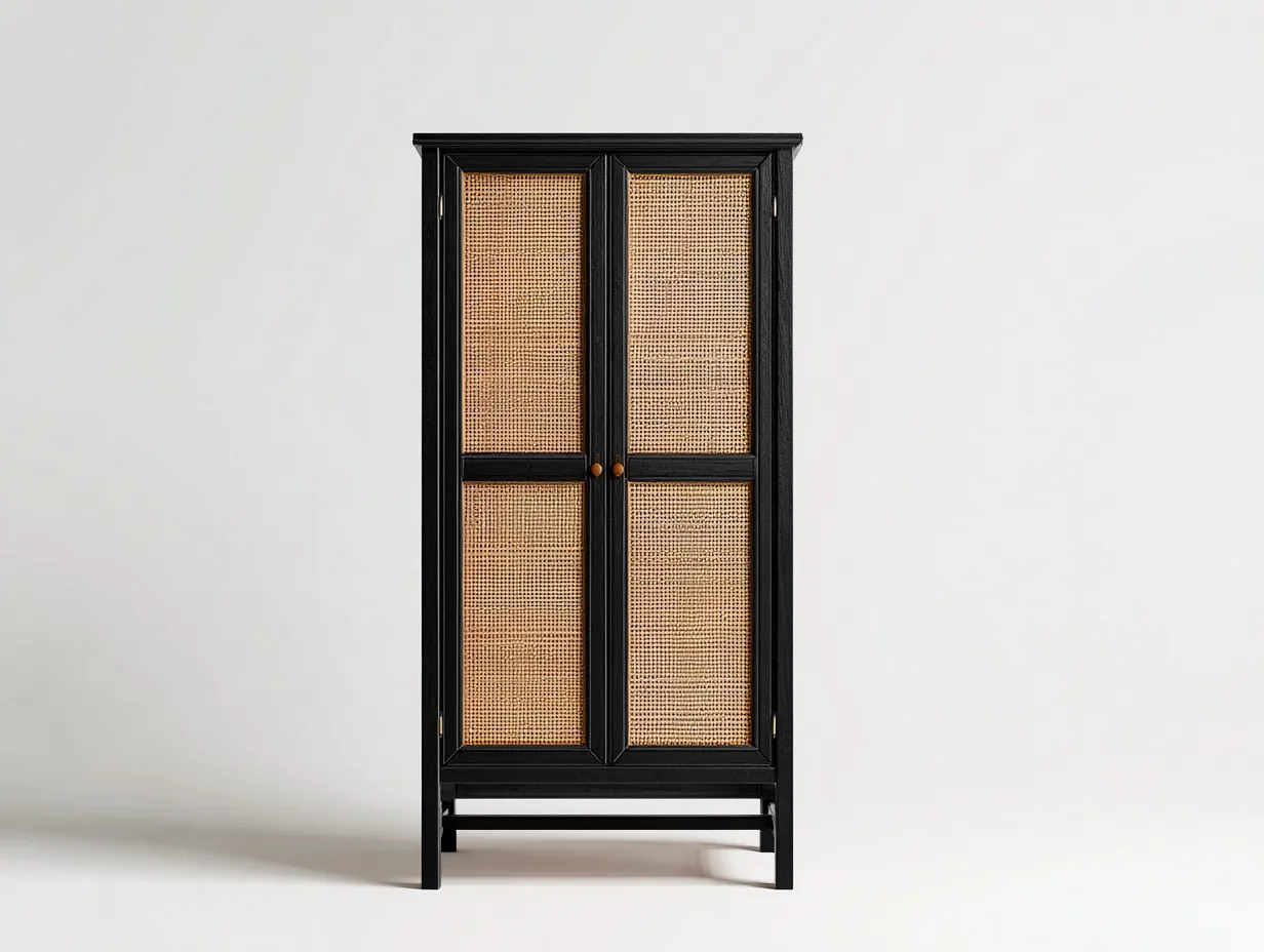 Armario de almacenaje elevado de madera y ratán 90x45x180 cm - negro y natural - 2 puertas para uso doméstico