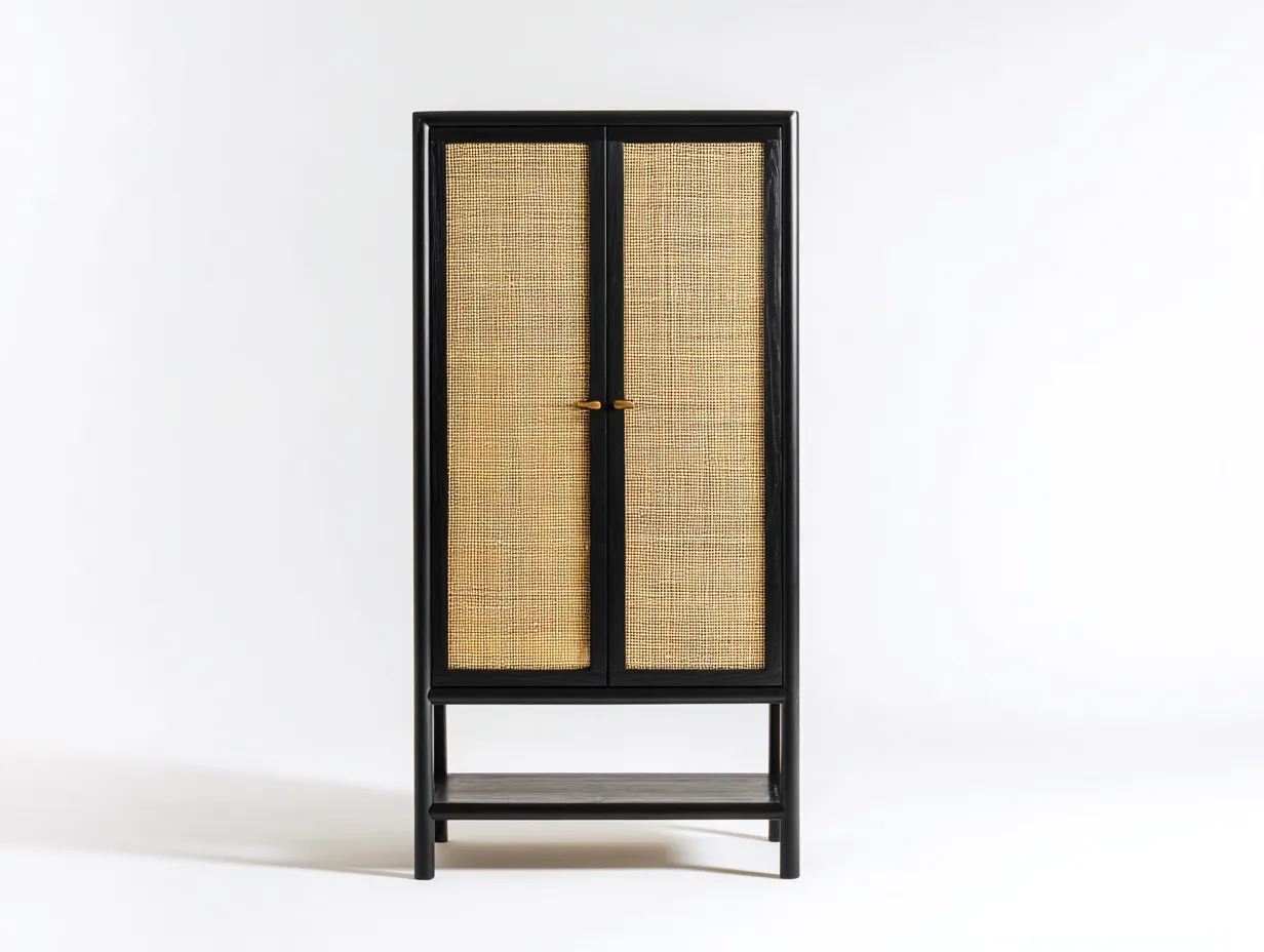 Armario organizador de madera y ratán 90x45x180 cm - negro y natural - 2 puertas con estante inferior