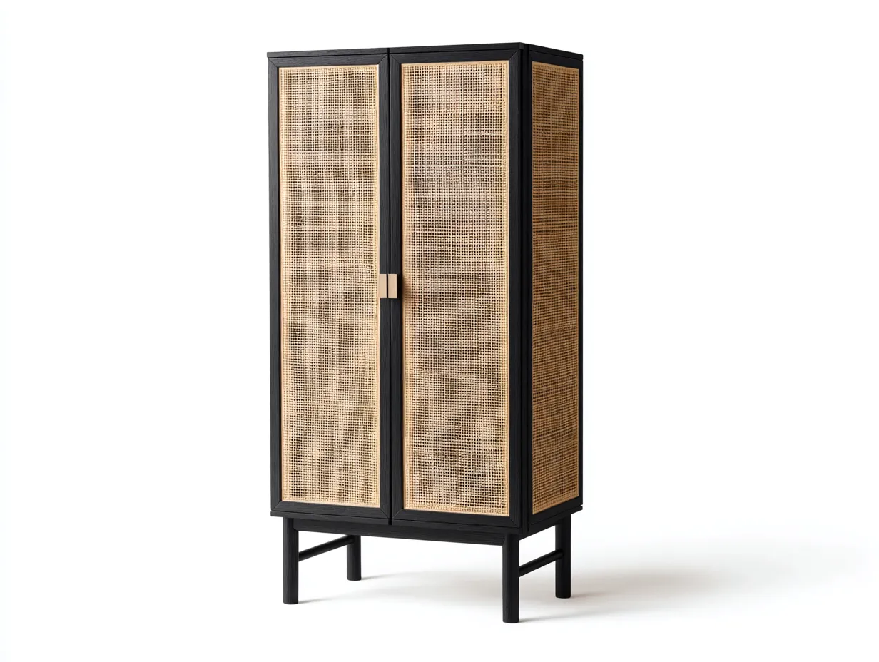 Armario alto de madera y rejilla de ratán 90x45x180 cm - negro y natural - 2 puertas para organización interior