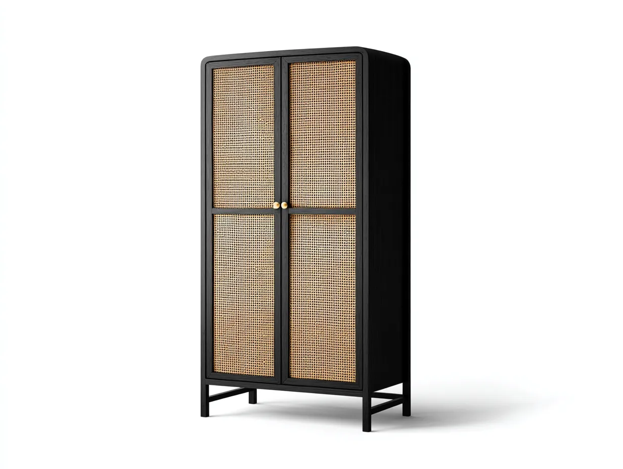 Armario vertical de madera con frentes de ratán 90x45x180 cm - negro y natural - 2 puertas y presencia ligera