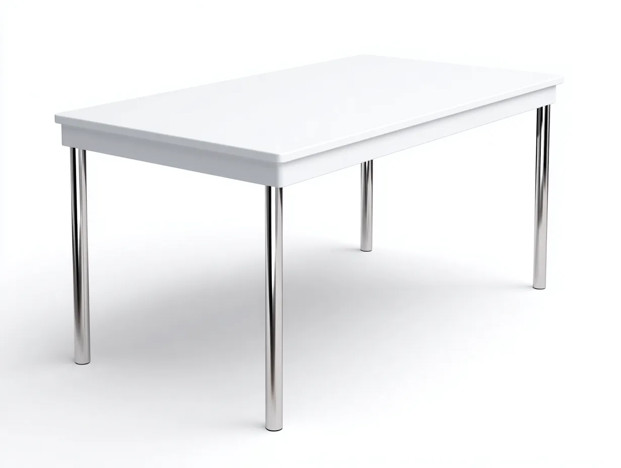 Mesa de comedor rectangular de madera y metal 180 x 85 x 75 cm - blanco brillo y cromado - para cocina y comedor diario - estilo moderno ligero