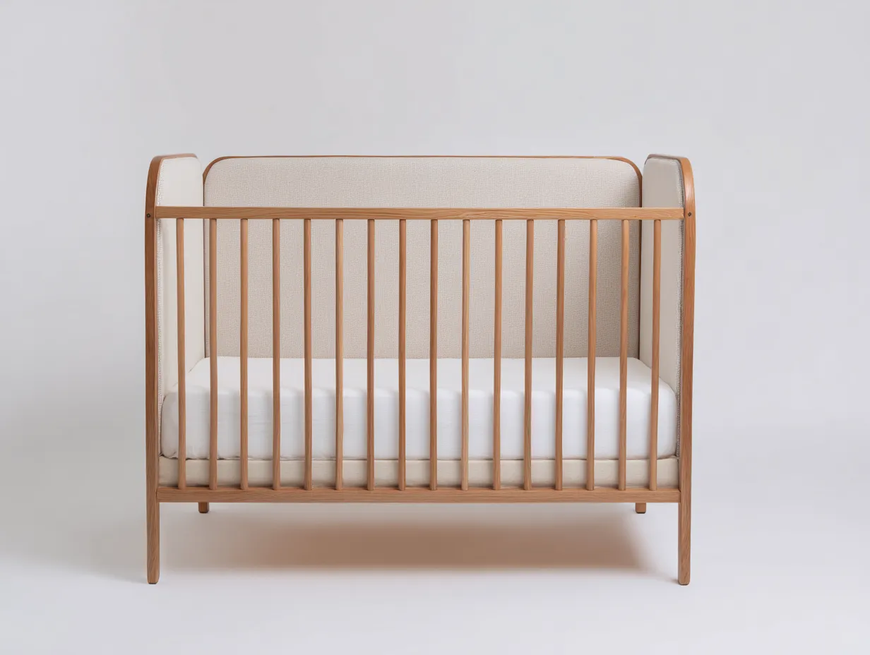 Cuna infantil de madera maciza 124 x 65 x 92 cm - beige y roble claro - con laterales acolchados para habitación de bebé
