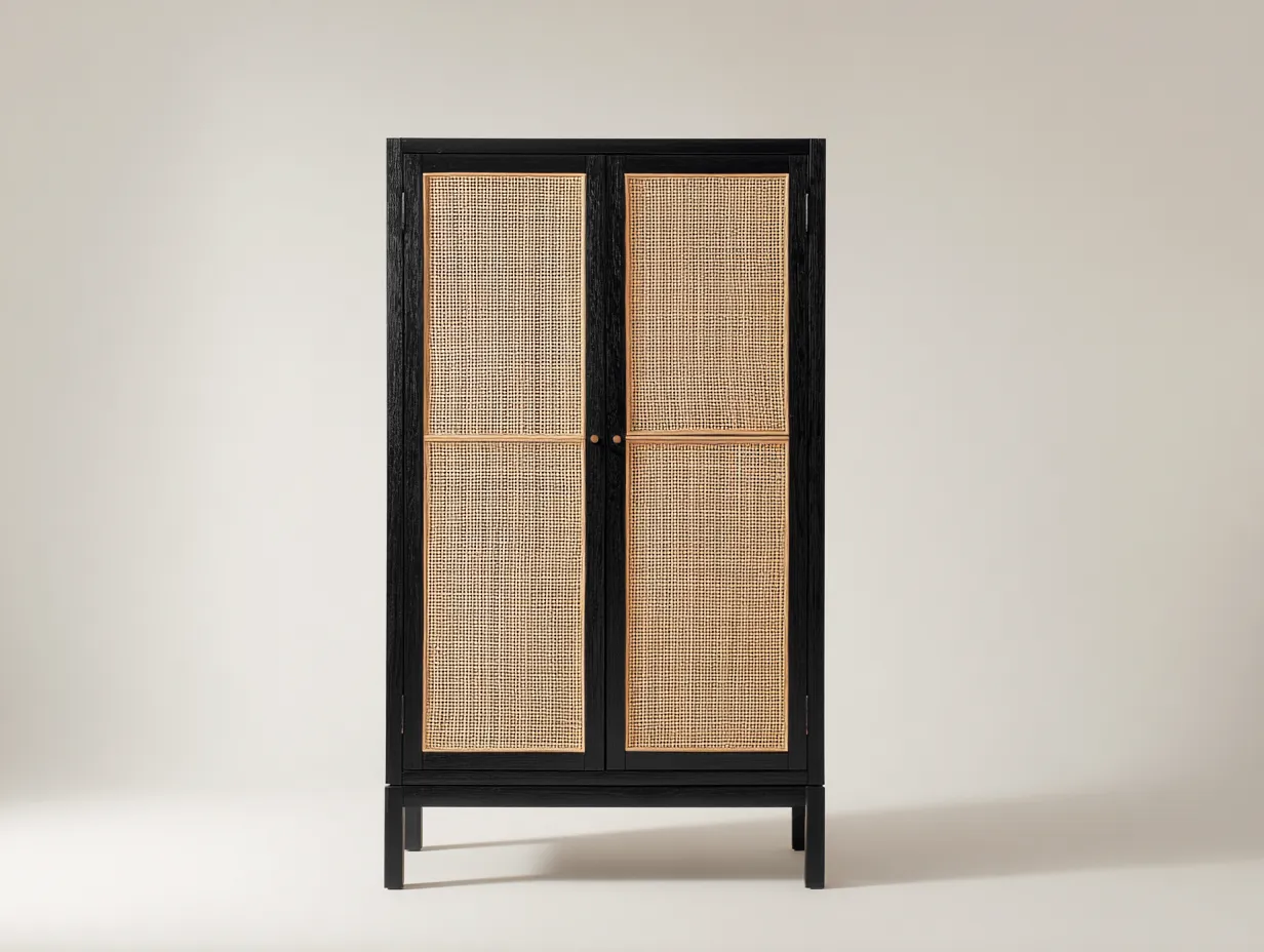 Armario auxiliar de madera con paneles de ratán 90x45x180 cm - negro y natural - 2 puertas y estilo decorativo