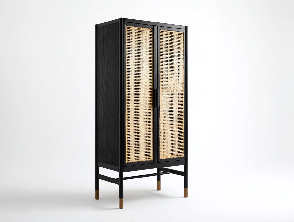 Armario auxiliar alto de madera y ratán 90x45x180 cm - negro y natural - 2 puertas con base elevada