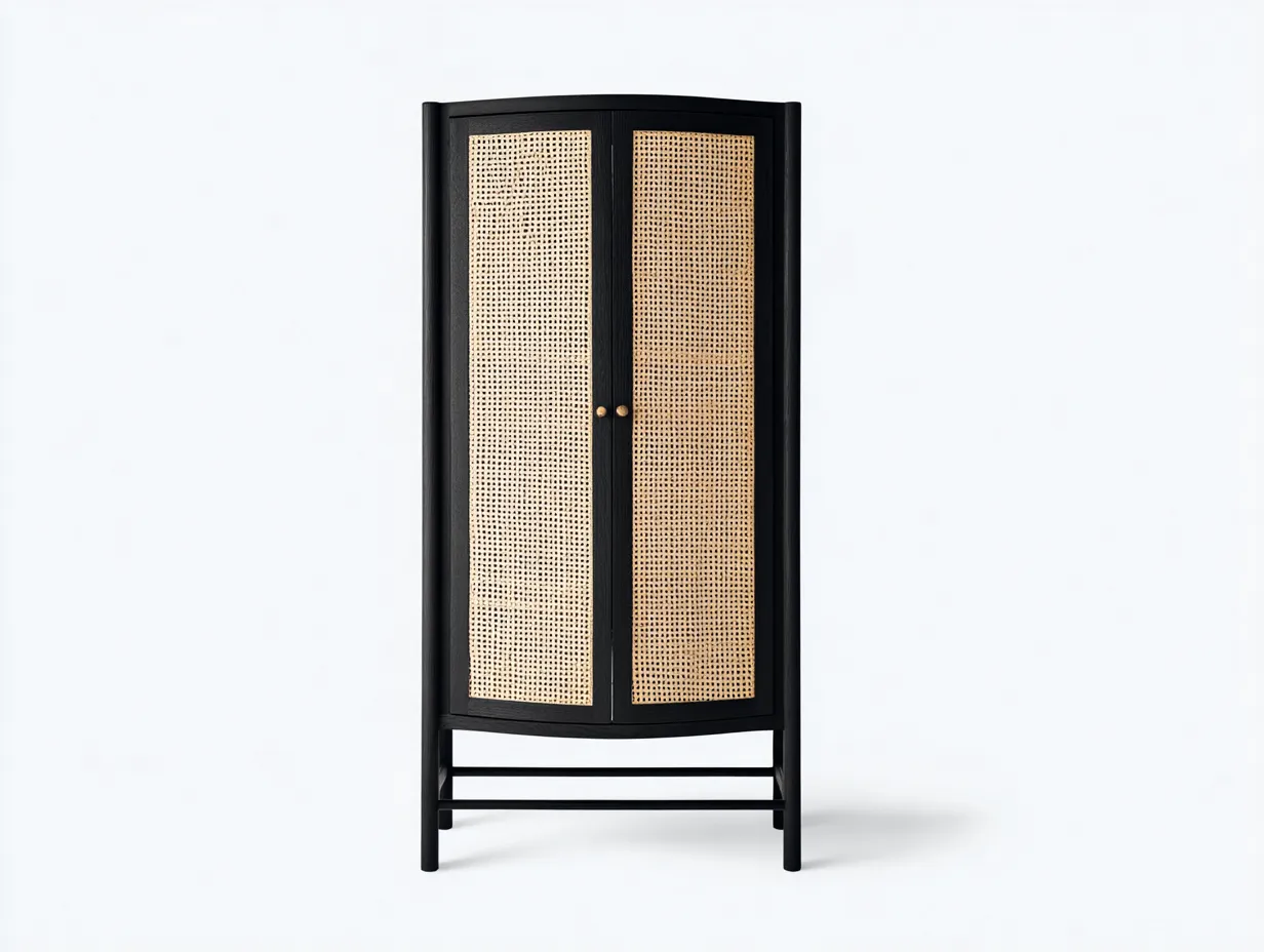 Armario de almacenaje de madera y ratán 90x45x180 cm - negro y natural - 2 puertas y diseño curvo