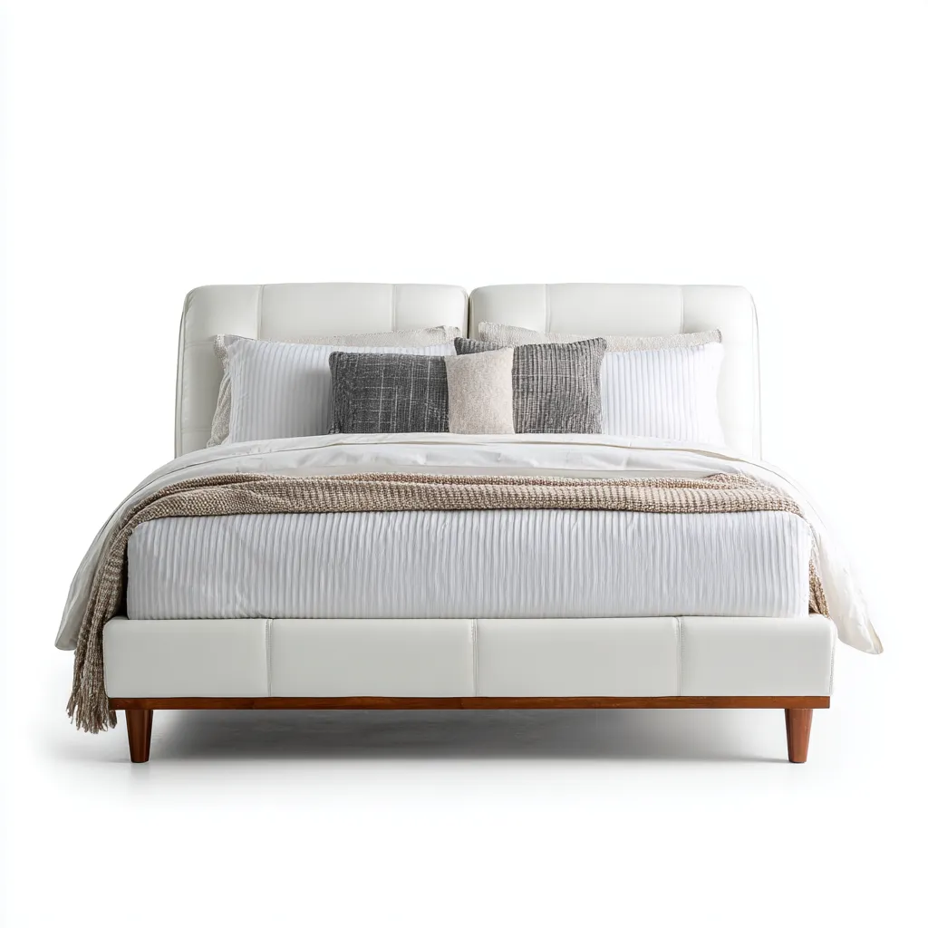 Lit double rembourré en simili cuir 210x160x110 cm - blanc cassé - style contemporain pour chambre-Pineupbay