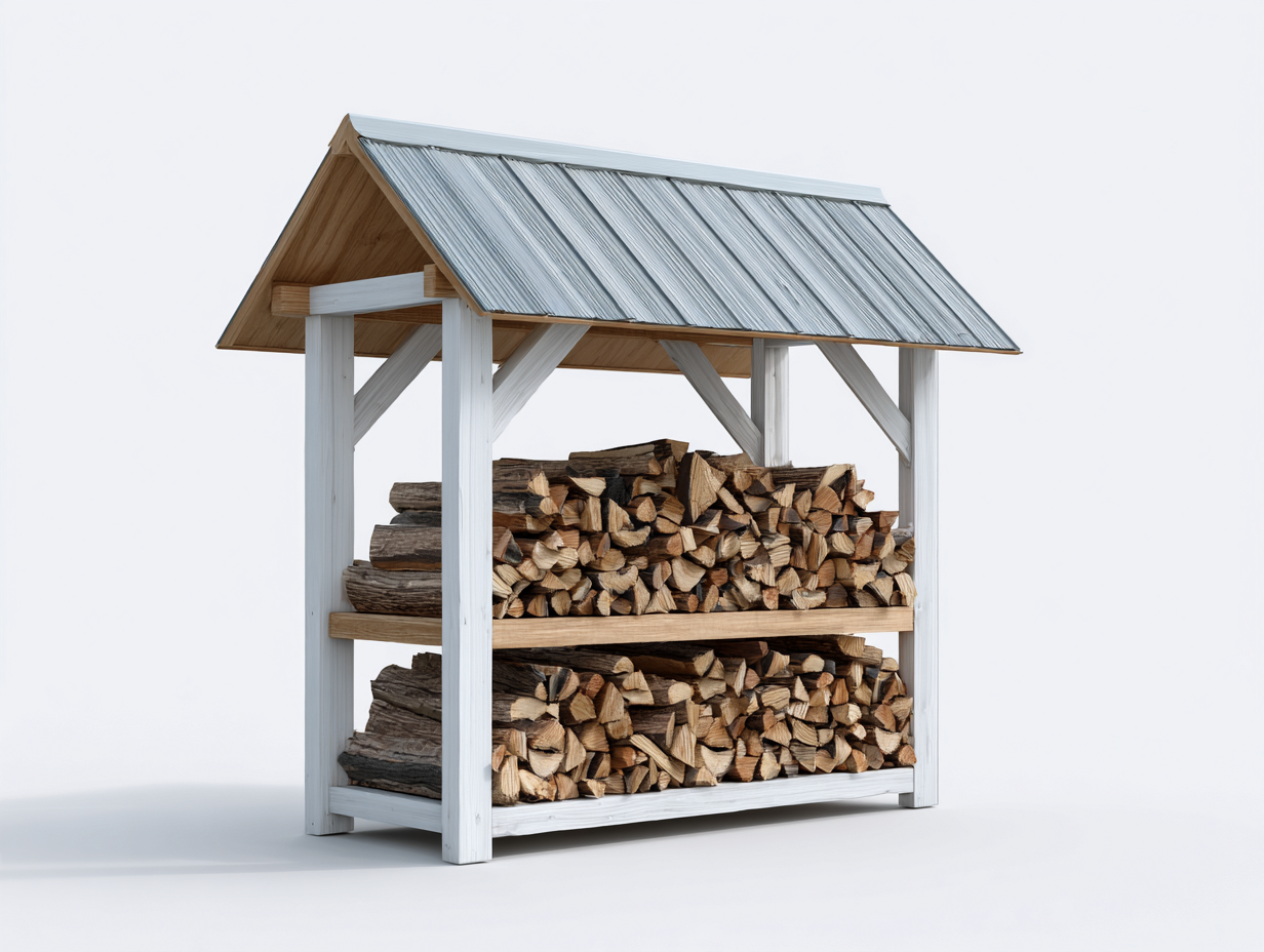 Kaminholzregal Holz Metall 120x45x150 cm Weiß Natur - geeignet für Garten Terrasse - Modernes Design mit Dach und zweistufiger Lagerung-Corilahaus