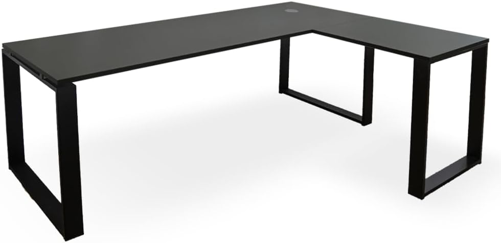 Scrivania angolare PC a L - 140 x 80 x 75 cm grigio - telaio metallo nero - passacavi per studio-Nestgetmart