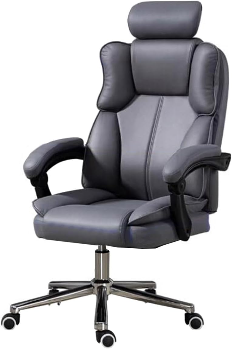 Sedia direzionale ergonomica - grigia pelle - schienale alto poggiatesta - reclinabile per computer gaming-Nestgetmart
