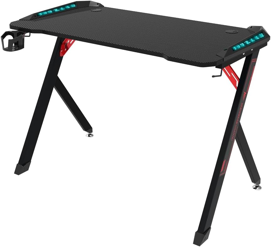 Scrivania gaming premium - 113 x 60 x 75 cm rettangolare - LED RGB - gestione cavi nero argento-Nestgetmart