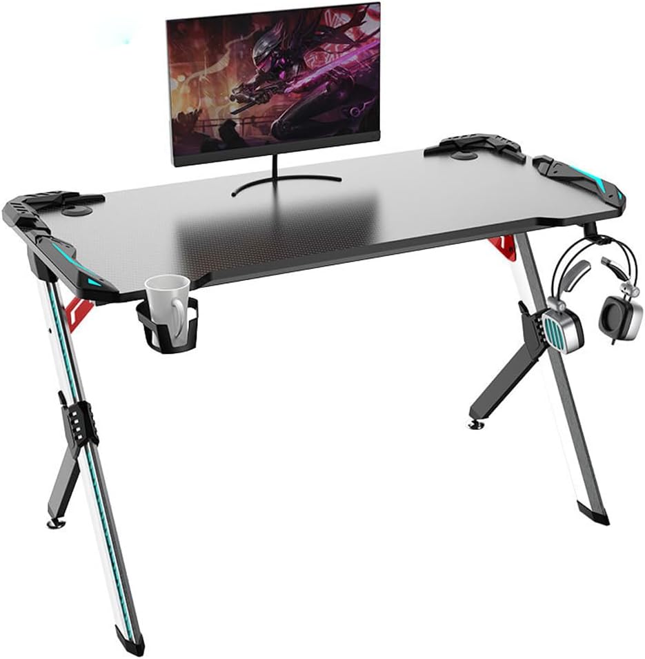 Scrivania gaming nero rosso - 113 x 60 x 75 cm - piano fibra carbonio ABS - LED RGB computer-Nestgetmart