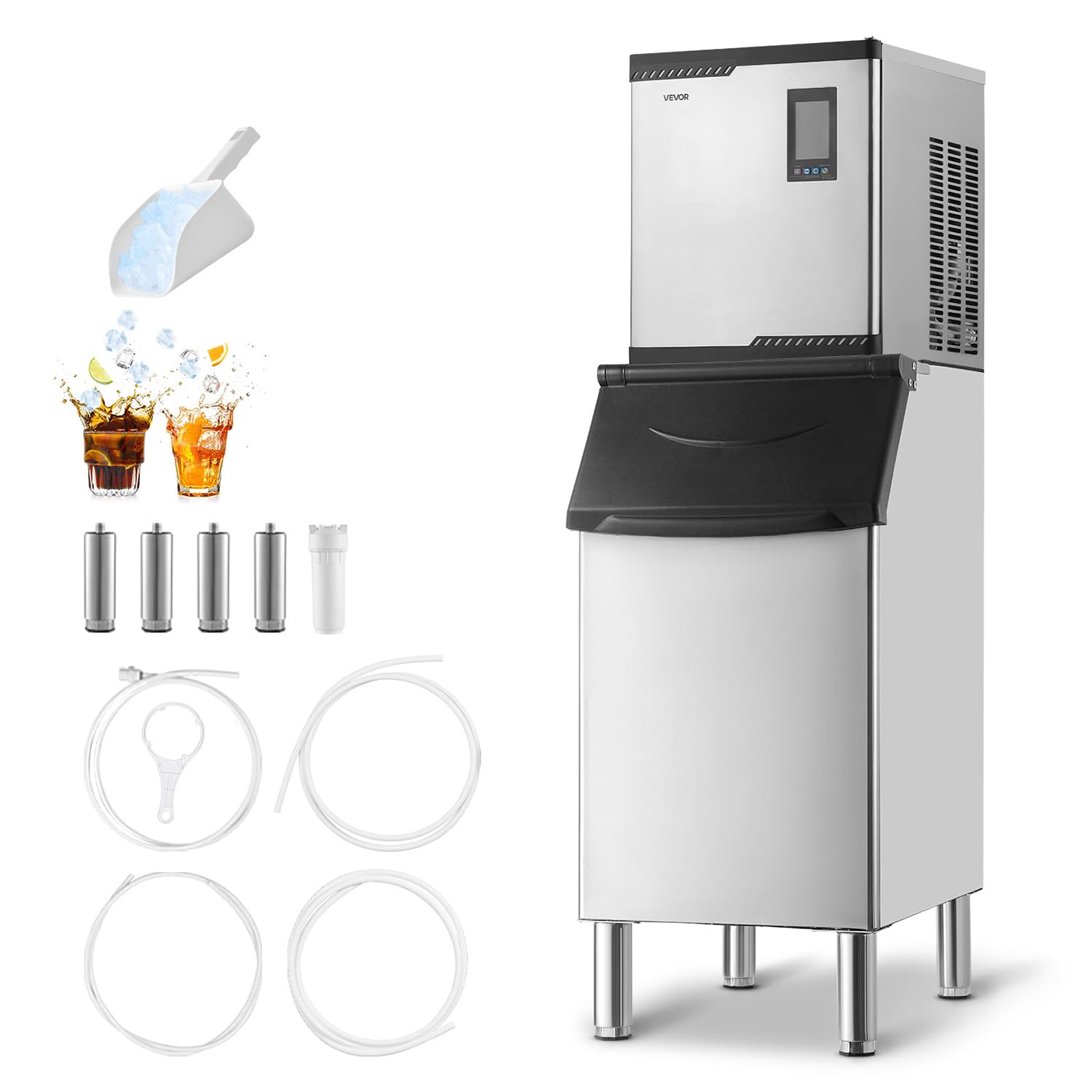 Macchina ghiaccio commerciale 136 kg 24 h - Fabbricatore inox con touchscreen - Contenitore stoccaggio 136 kg - VEVOR-Nestgetmart