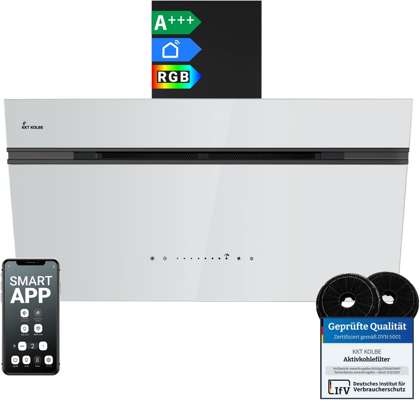 KKT KOLBE AURORA9005SW Cappa aspirante 90 cm - vetro bianco nero WiFi - 782 metri cubi ora - LED RGBW-Nestgetmart