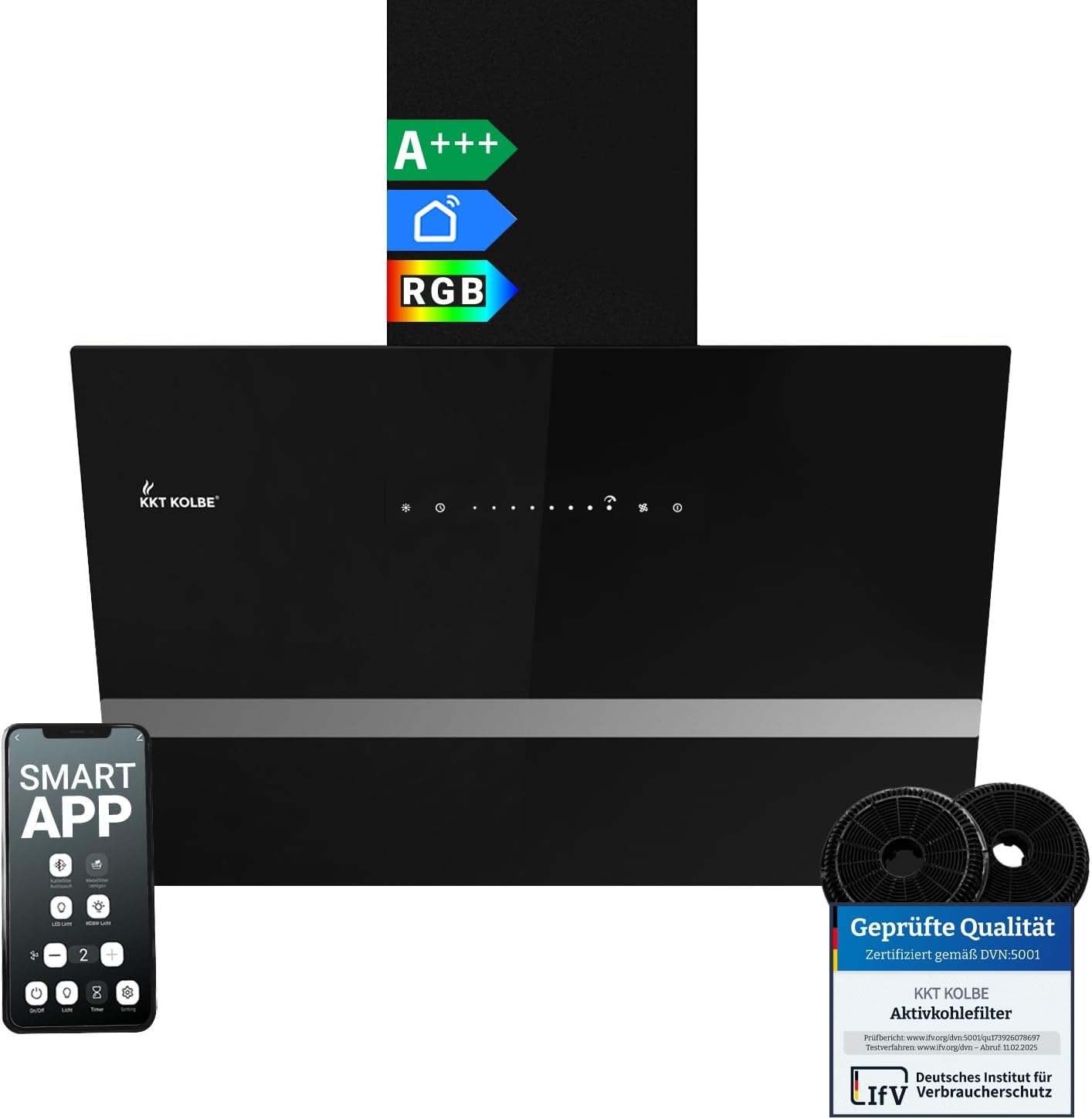 Cappa aspirante inclinata 60 cm - Cappa cucina vetro nero WiFi Touch - 782 m3 h LED RGBW - Autospegnimento-Nestgetmart