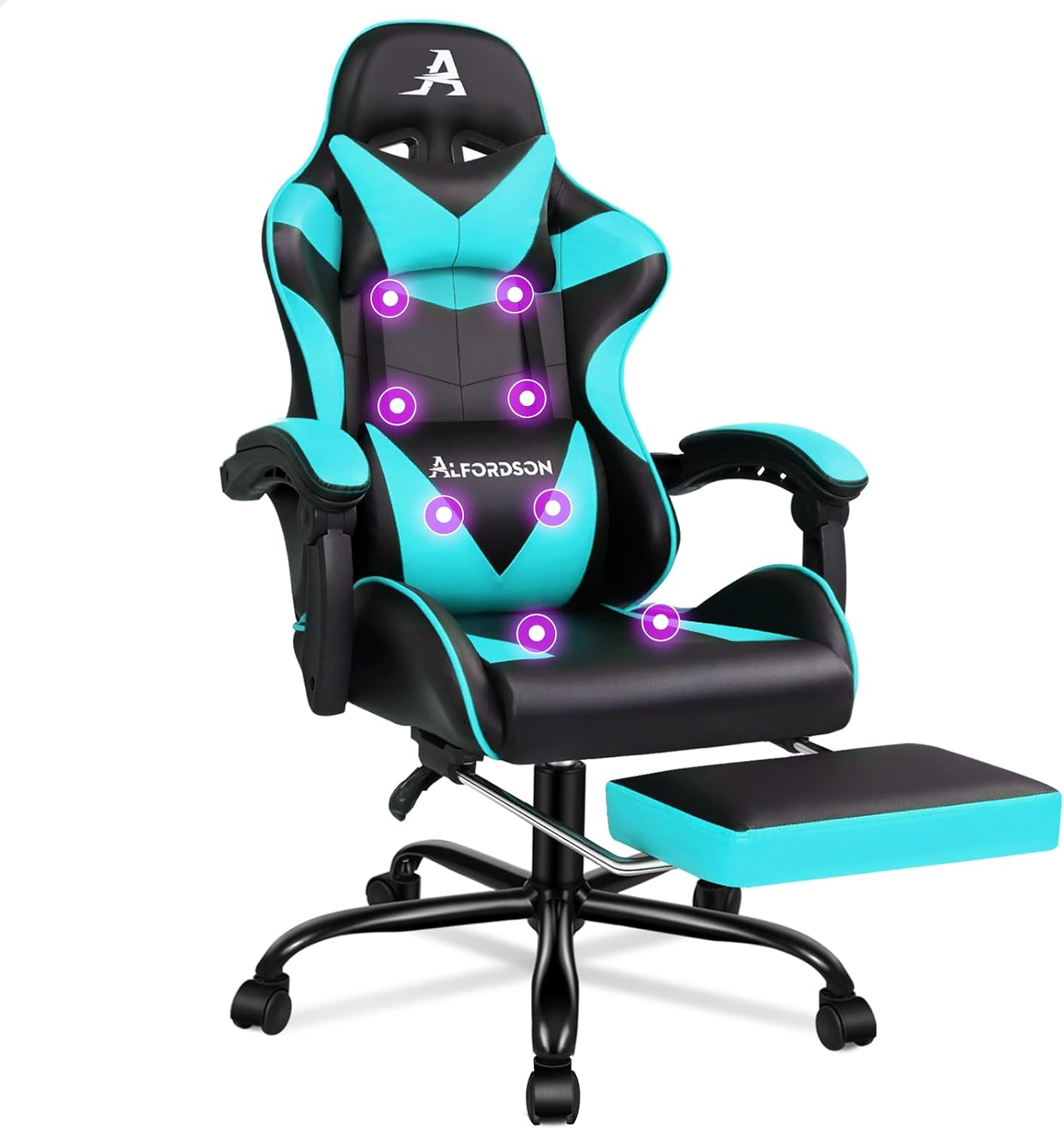 ALFORDSON Sedia ufficio gaming massaggio - ciano pelle sintetica - poggiapiedi - portata 180 kg-Nestgetmart