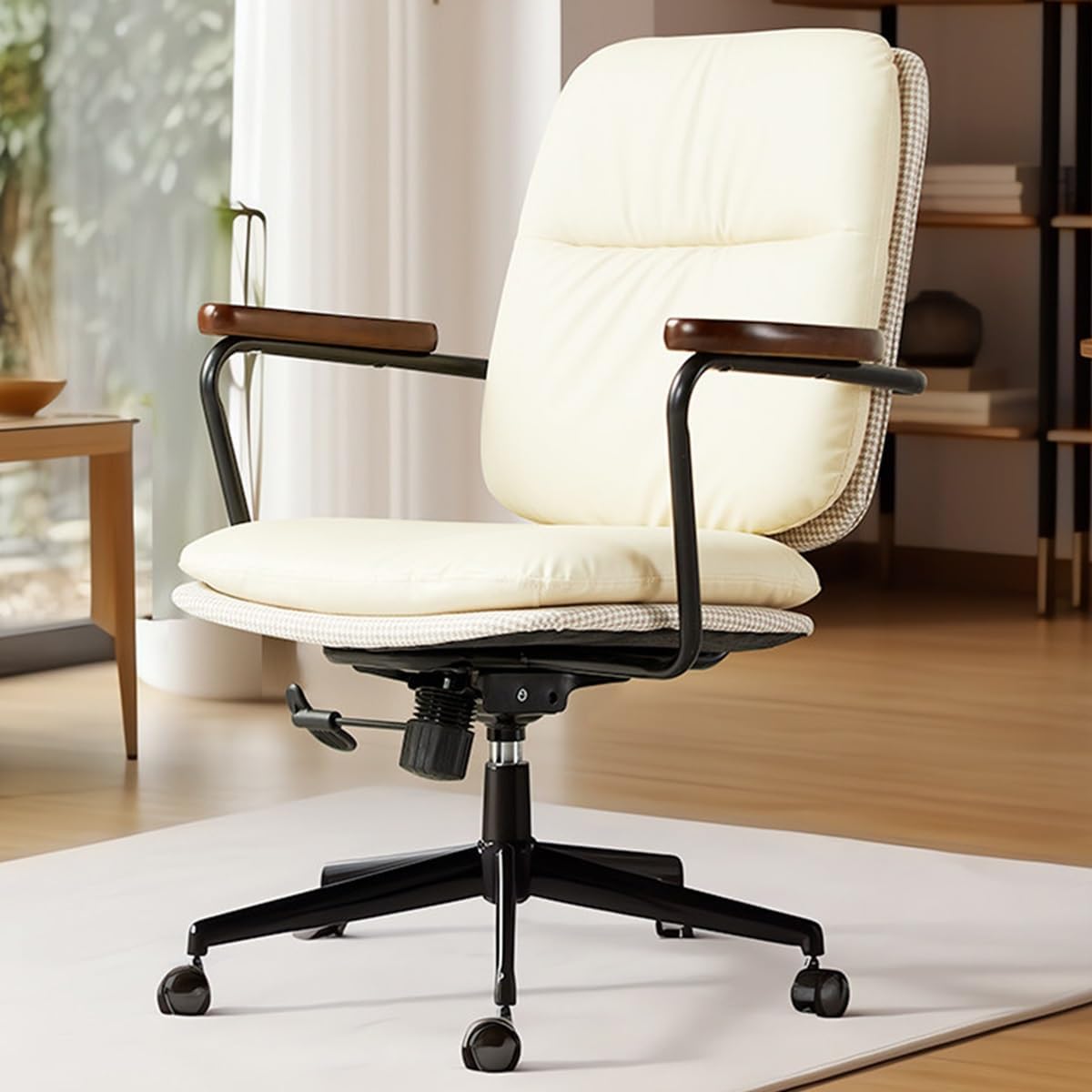 Sedia ufficio ergonomica Beige - braccioli in legno e pelle - reclinabile con ruote - studio compatto-Nestgetmart