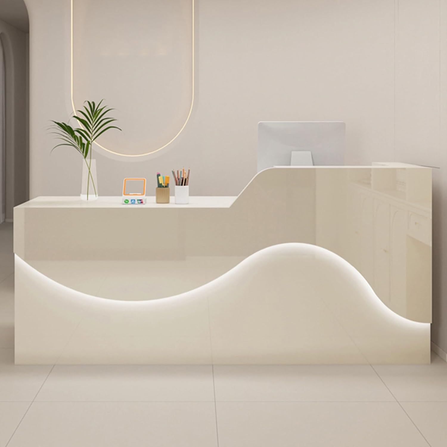 Scrivania reception beige 120 cm - cassetto con serratura - banco front desk - hotel elegante funzionale-Nestgetmart