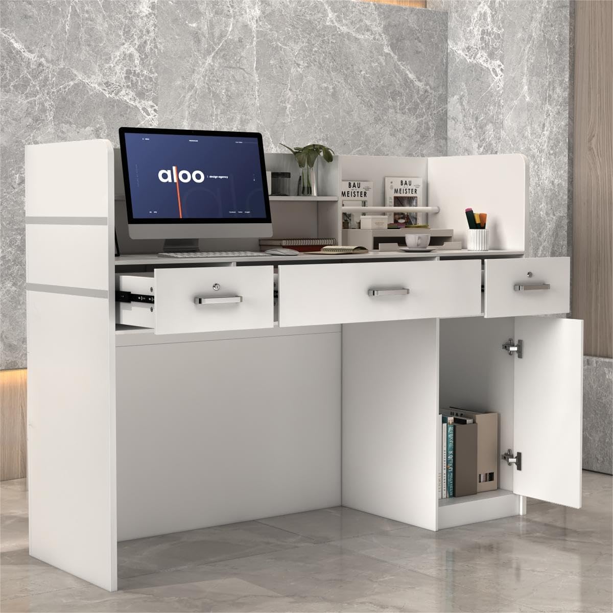 Banco reception moderno - bianco 120 x 48 x 110 cm - legno ingegnerizzato - cassetti ripiani ufficio-Nestgetmart