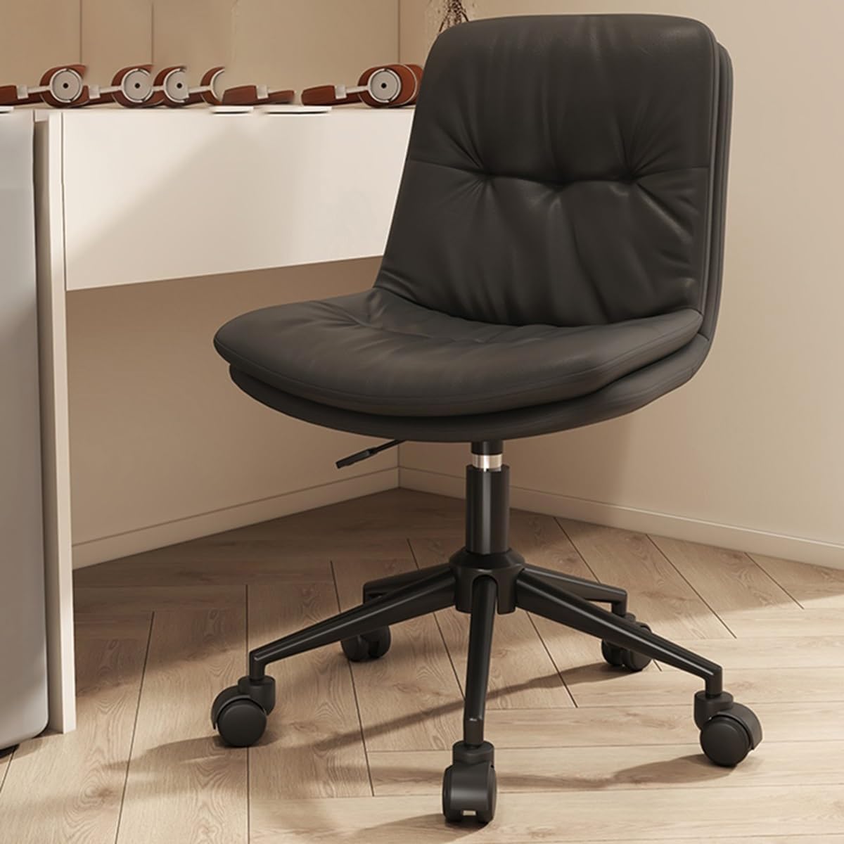 Sedia ufficio piccola senza braccioli - nera pelle PU - schienale basso - ruote per trucco studio-Nestgetmart