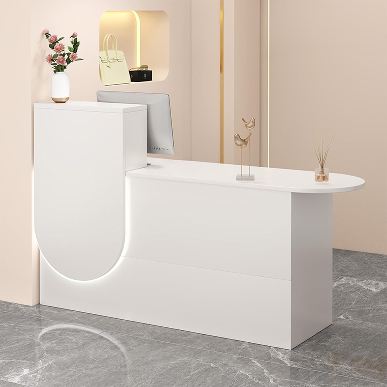 Banco reception piccolo con LED - bianco caldo 140 cm - pannello artificiale - cassetto serratura armadietto-Nestgetmart