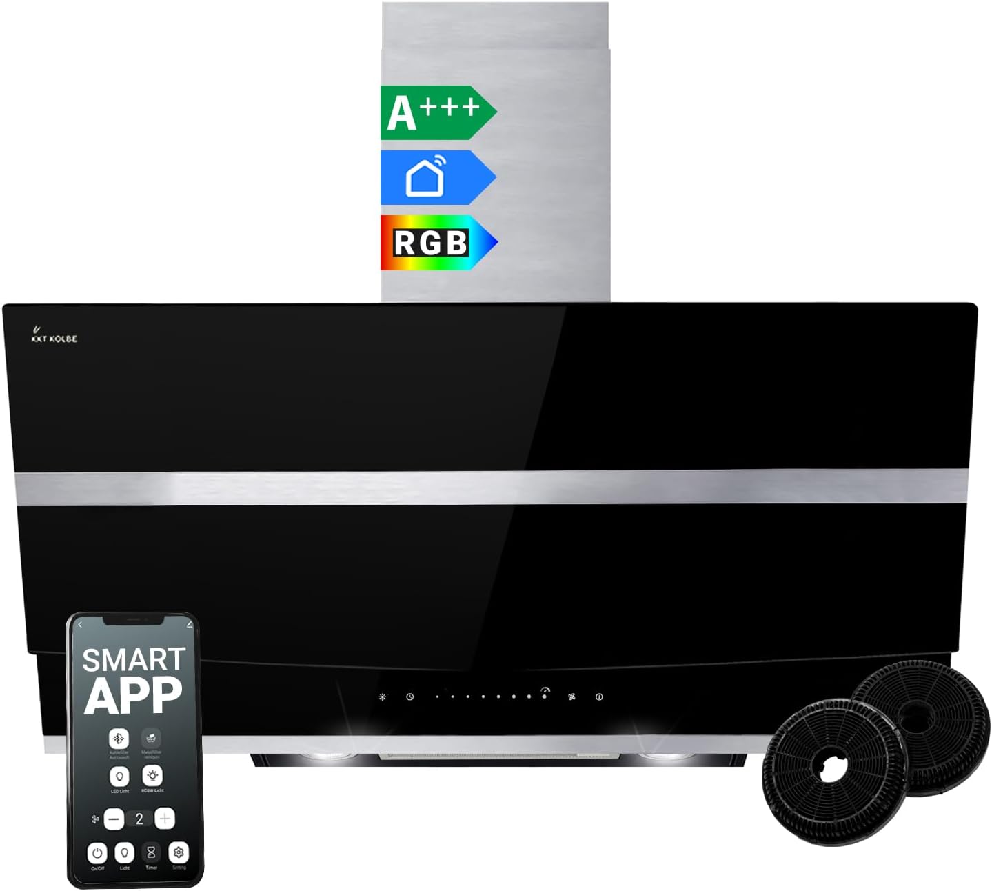 Cappa aspirante cucina inclinata 90 cm - vetro nero e acciaio inox - WiFi touch - LED RGBW HERMES9005SM-Nestgetmart