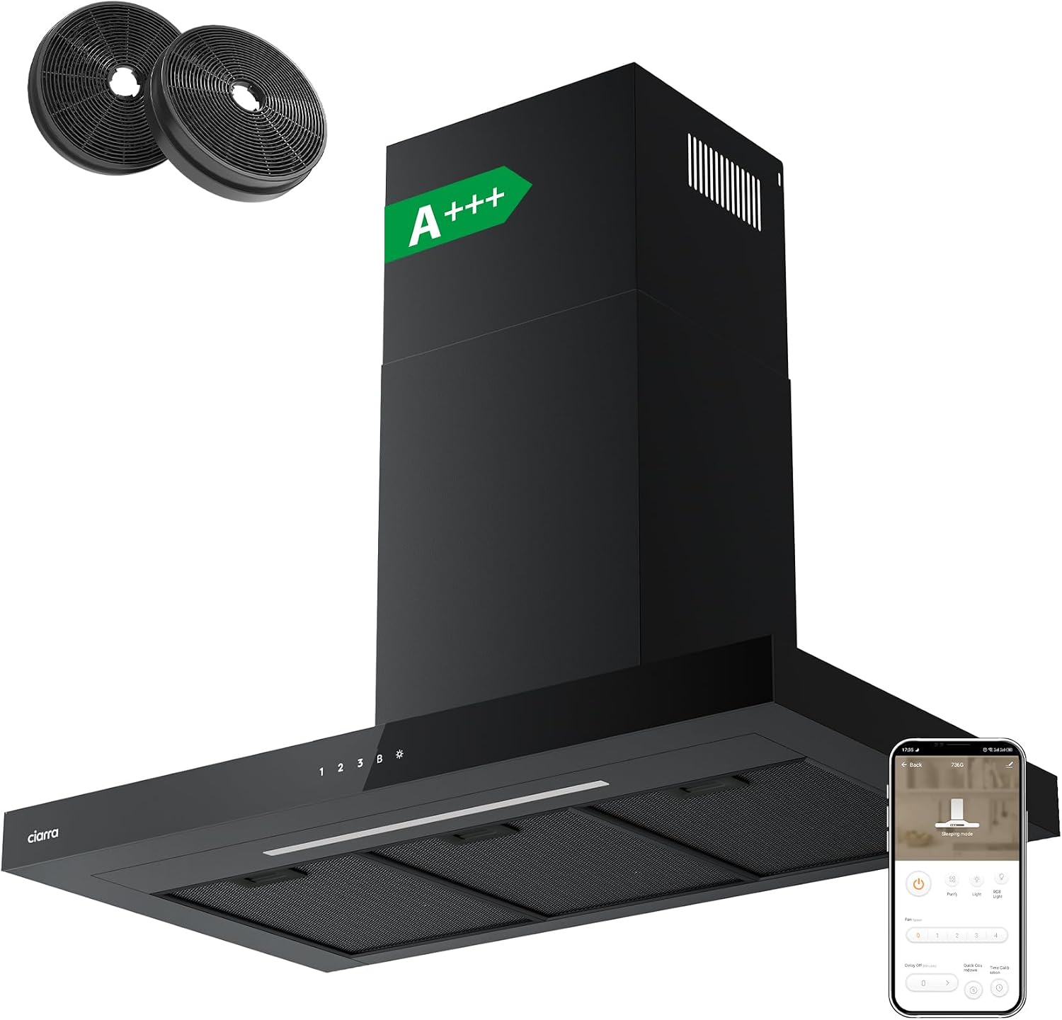 CIARRA CBCB9102 Cappa aspirante 90 cm - 650 metri cubi ora - Wi Fi app touch - Nero moderno-Nestgetmart