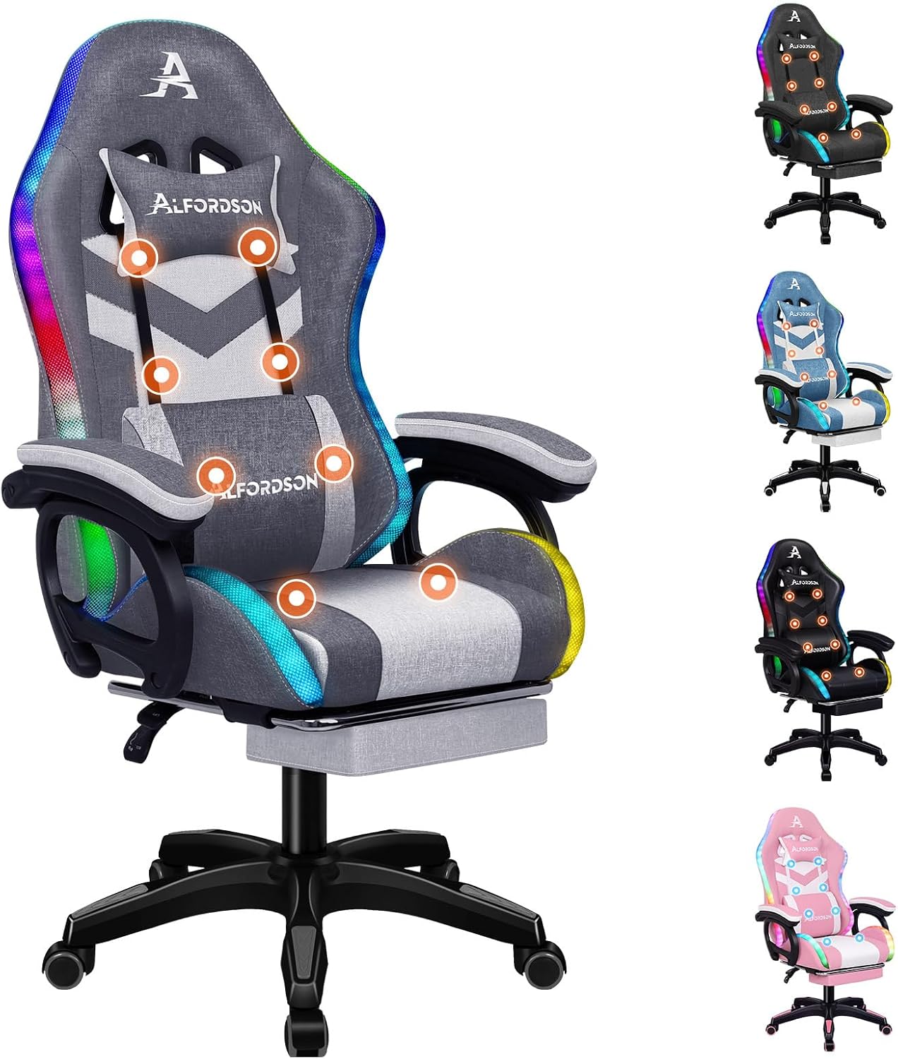 ALFORDSON Sedia gaming LED RGB - multicolore 94 x 58 x 122 cm - metallo - poggiapiedi massaggio-Nestgetmart