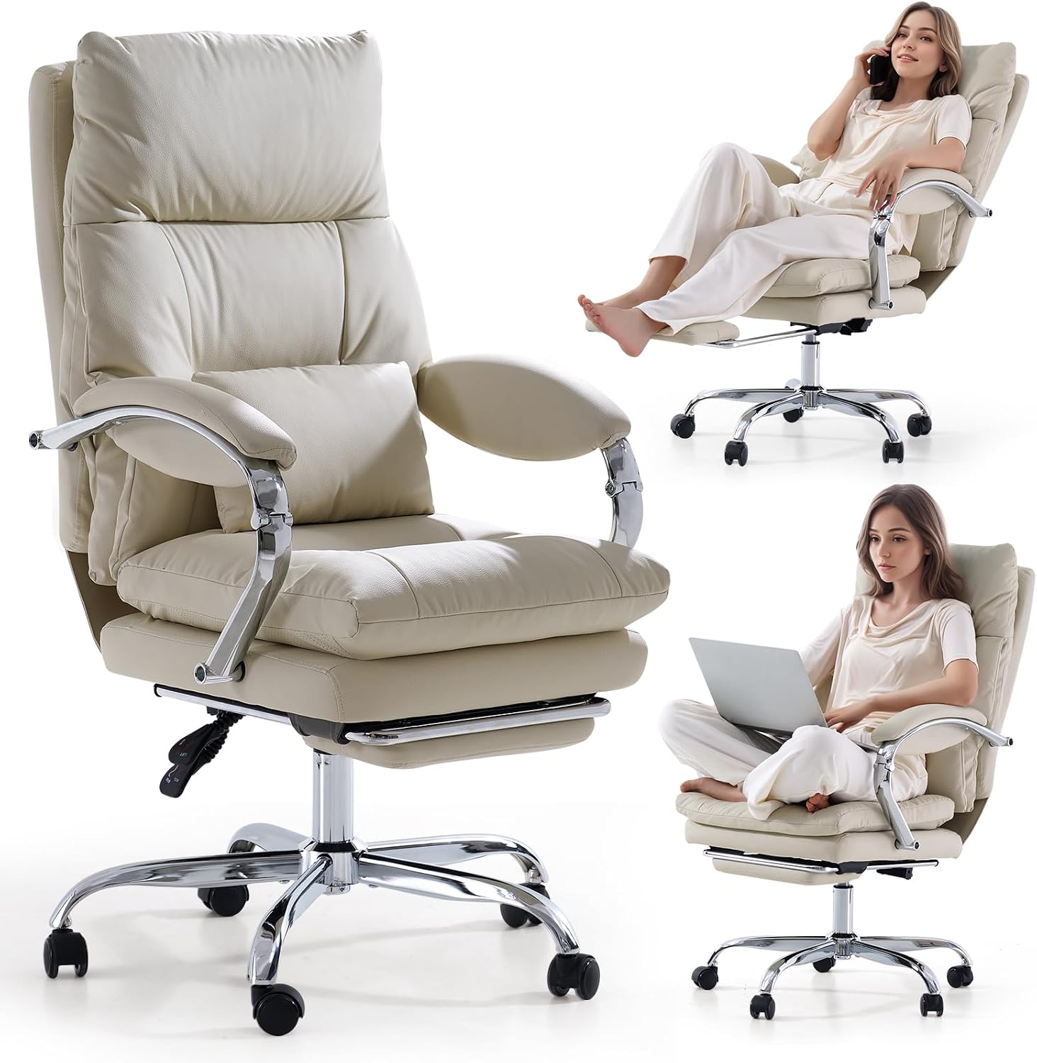 EMIAH Sedia ufficio direzionale - beige pelle PU - poggiapiedi - braccioli e cuscino ispessito-Nestgetmart