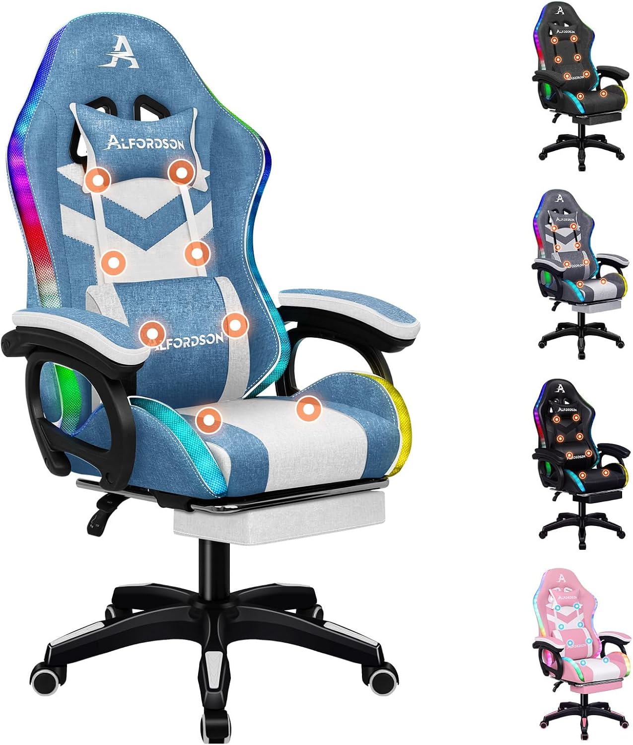 Sedia gaming ALFORDSON da corsa - LED RGB e massaggio - poggiapiedi girevole - tessuto blu bianco-Nestgetmart